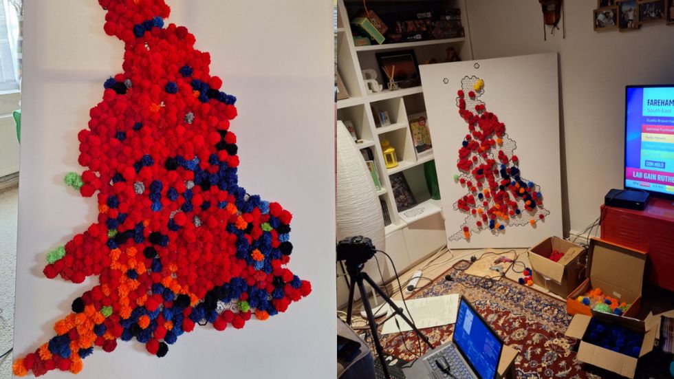 Couple create election map covered in red pom poms after tracking results