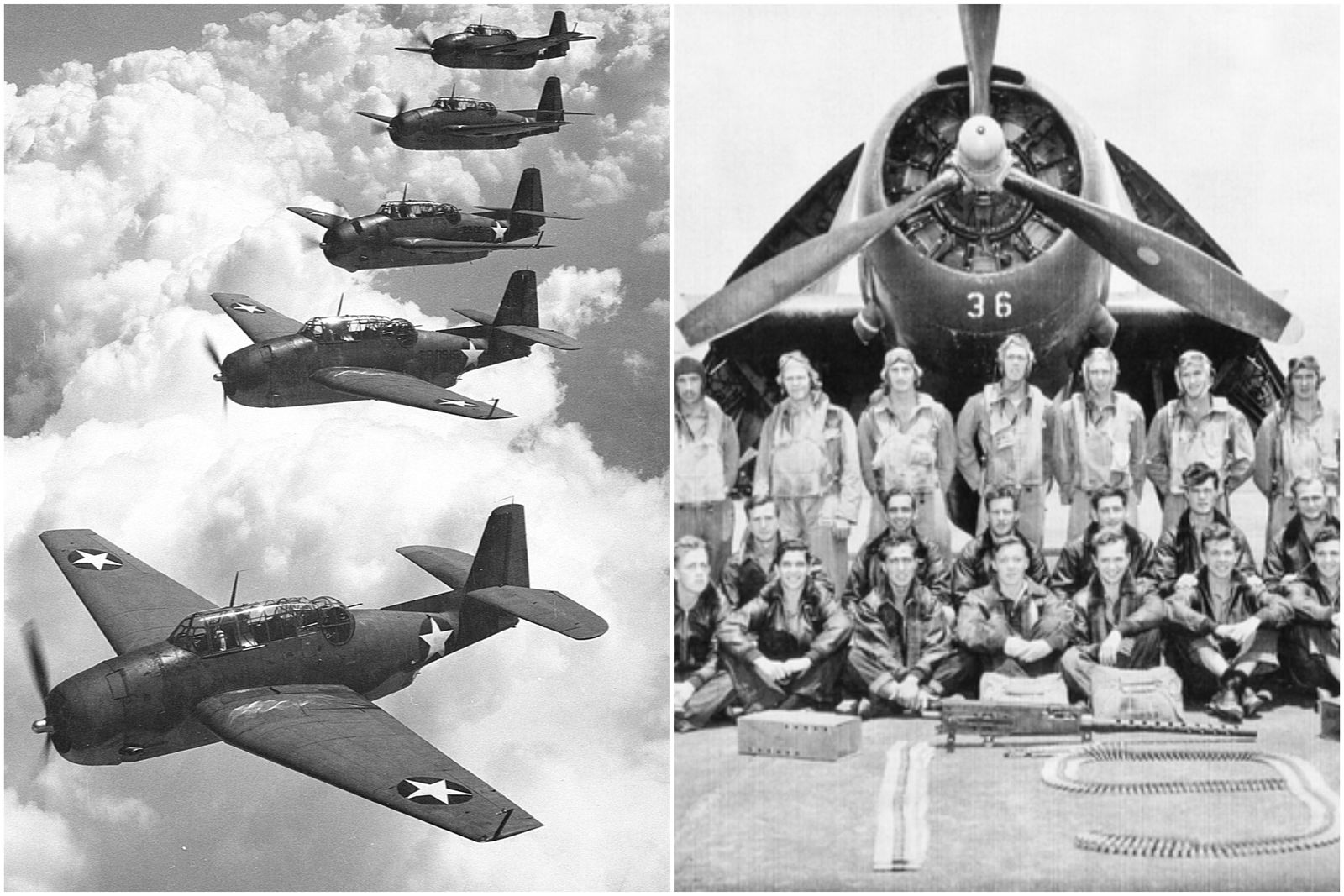 From left: a line of airborne Grumman TBM Avenger planes; a group of NASFL pilots