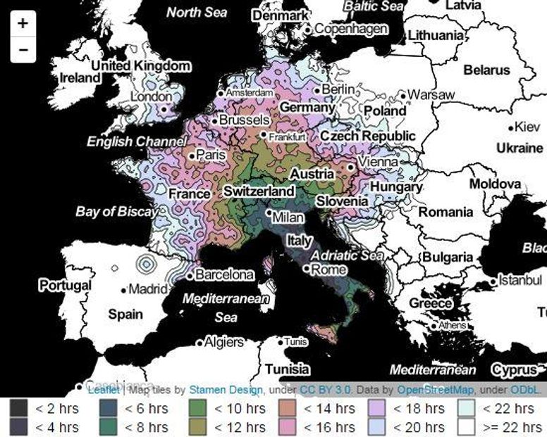 Europe railway map with travel times –