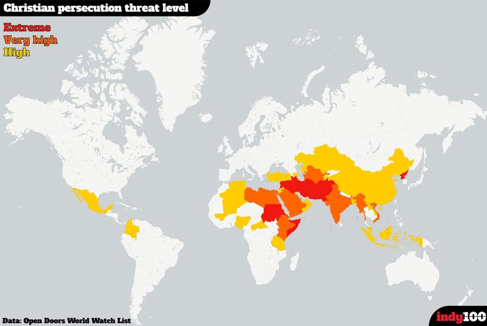 A map of the countries where Christians face the most persecution