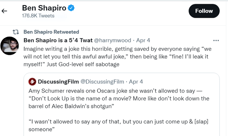 Ben Shapiro retweets account calling him a 5 4