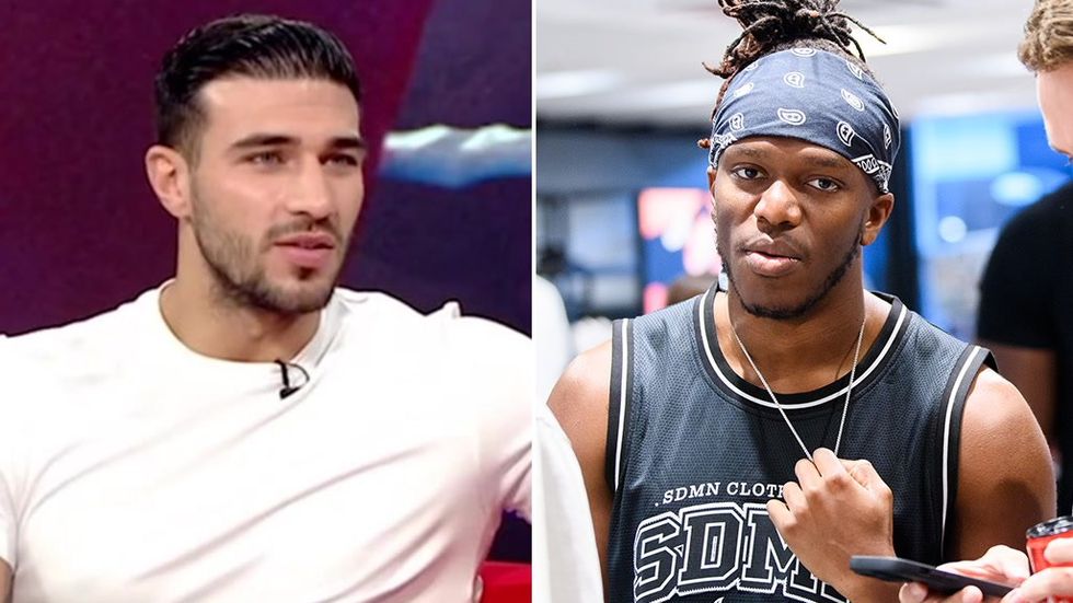 Left, Tommy Fury, a bearded white man with short black hair and a white T-shirt. Right, KSI, a Black man with black hair in a black bandana, and a black vest.