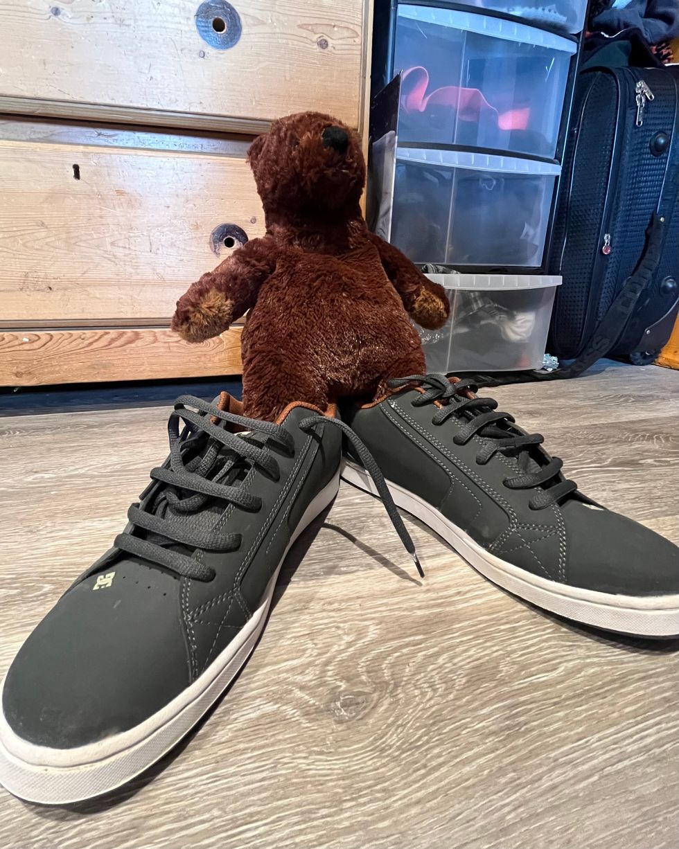 Small teddy bear, who wears shoes