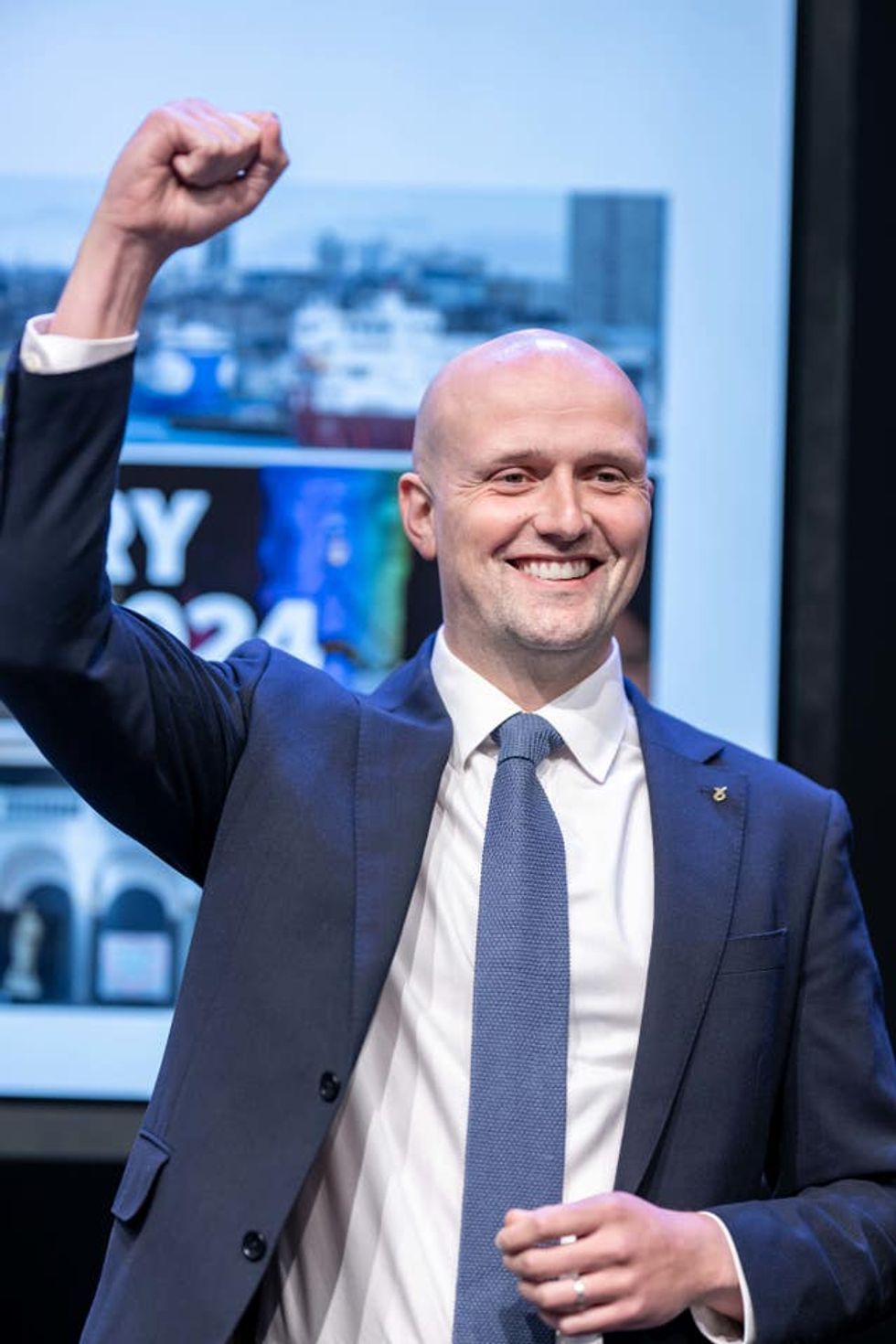 SNP Westminster leader Stephen Flynn celebrates after being declared the winner of the Aberdeen South constituency